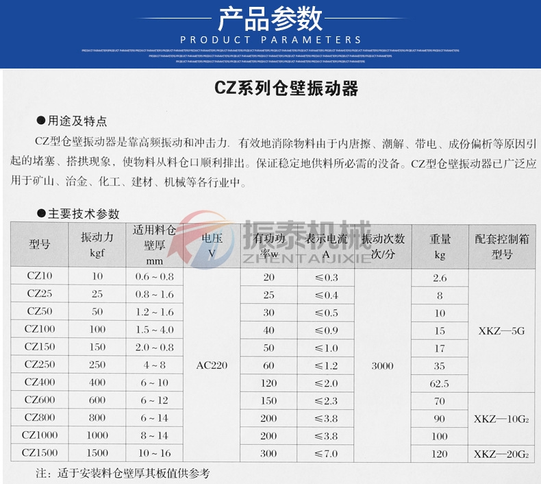 CZ電磁料倉振動器技術(shù)參數(shù)